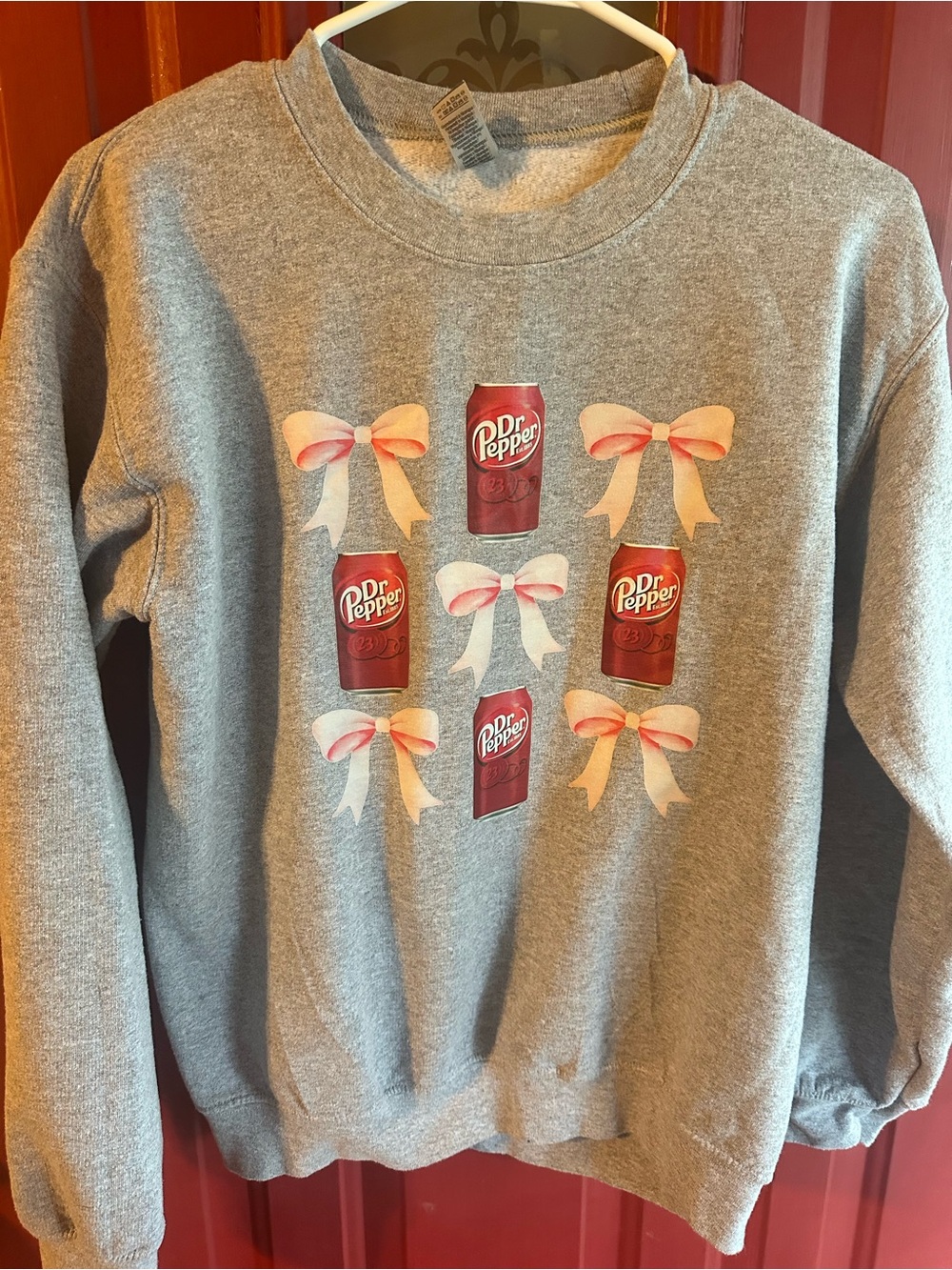 Gildan Gray Crewneck Sweatshirt with Red Dr Pepper Can & Pink Bow Graphics
